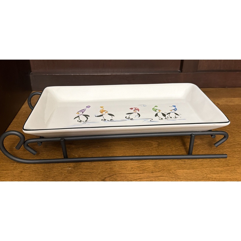Pfaltzgraff Penguin Skate Rectangular Serving Tray 11 1/2" w/ Iron Sled Base